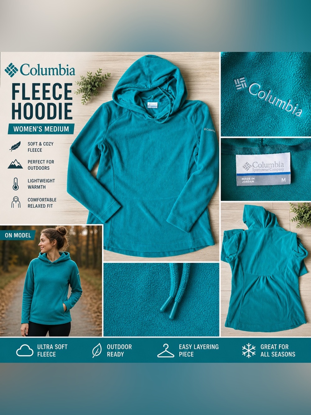 Columbia Teal Fleece Hoodie Womens Medium Soft Pullover Sweatshirt Outdoor Cozy